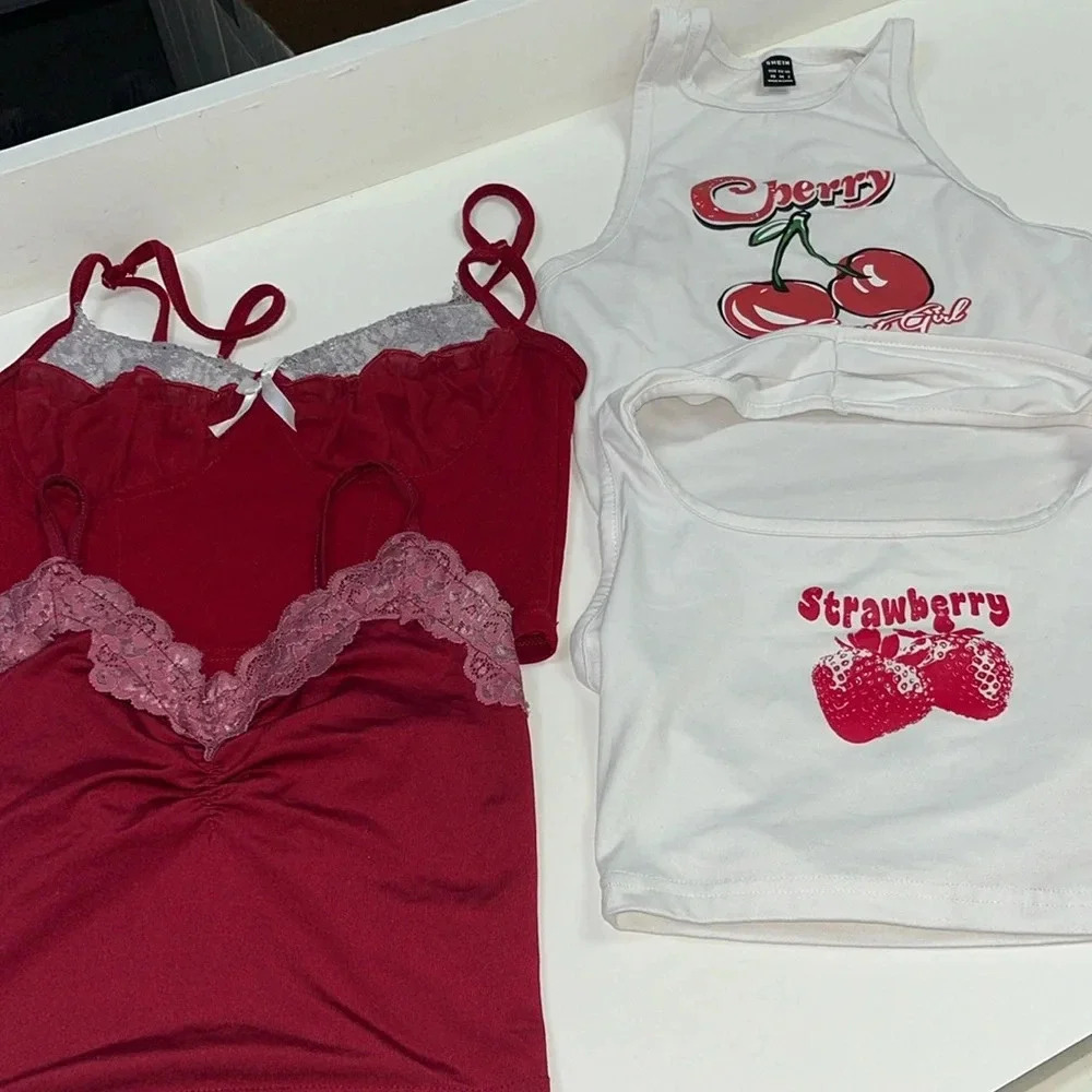Imperfect shein bundle 4 xs tops cherry strawberry red crop tops teen juniors‎